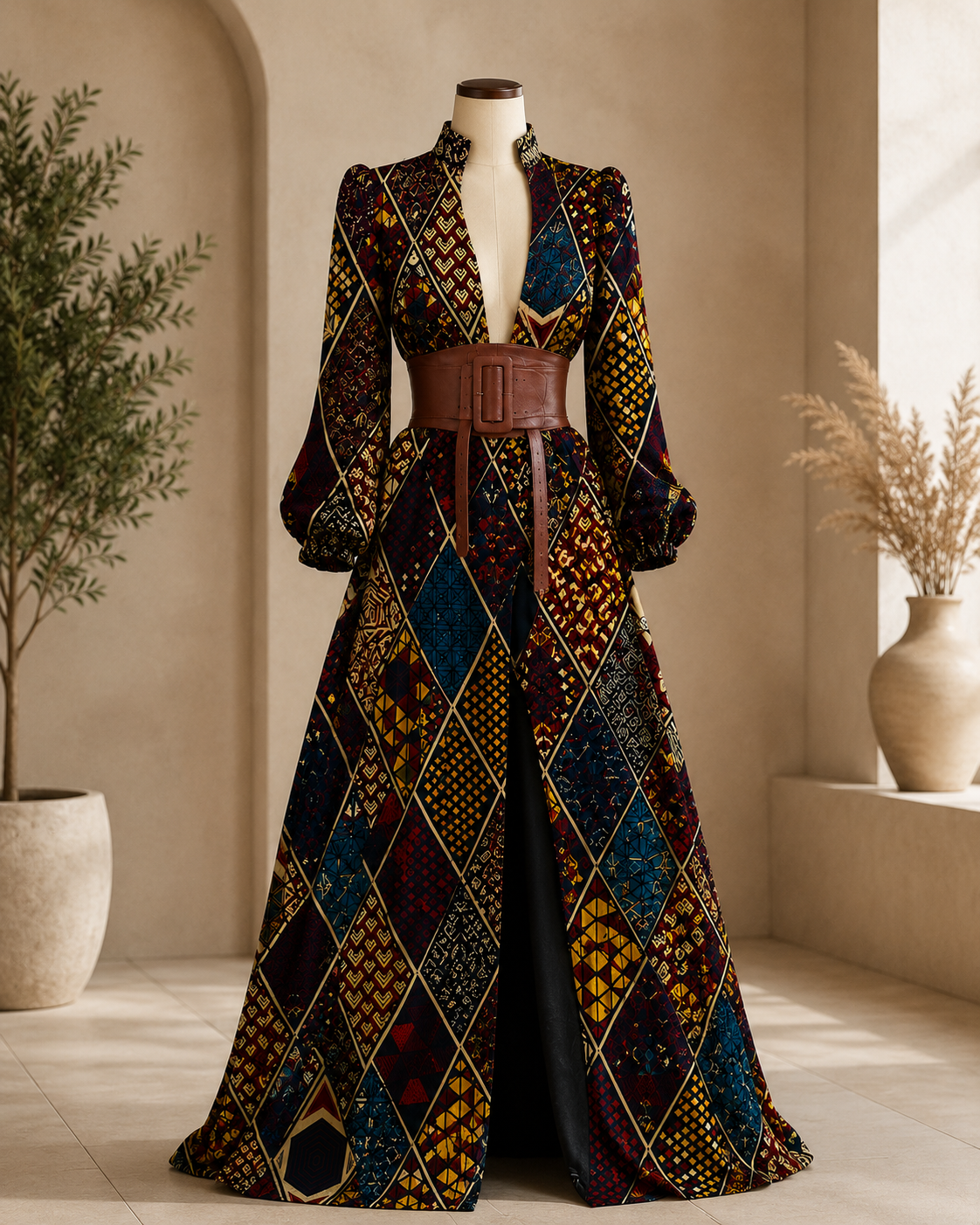 A long-sleeved, floor-length gown displayed on a mannequin in a warm, neutral interior setting. The dress features a complex geometric patchwork pattern with diamonds and triangles in black, navy, teal, mustard yellow, and red, accented by thin gold lines.