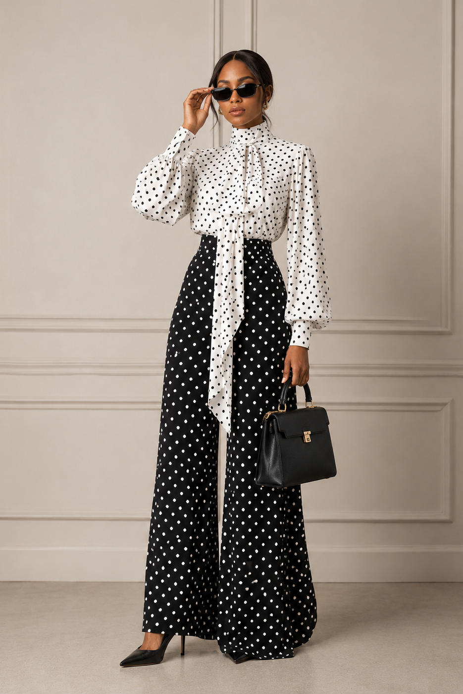 A woman models a matching black and white polka dot outfit consisting of a long-sleeve high-neck blouse and wide-leg trousers, styled with a black handbag and sunglasses against a beige paneled wall.