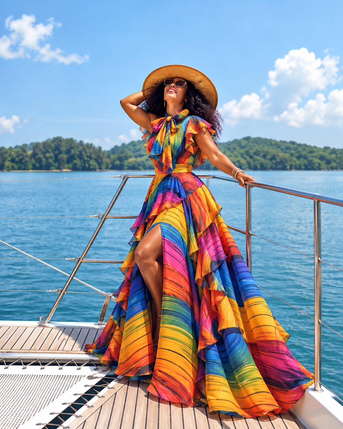 A woman wearing a wide-brimmed straw hat and a long, ruffled maxi dress with bold rainbow stripes stands on a boat deck with blue water and green islands in the background.