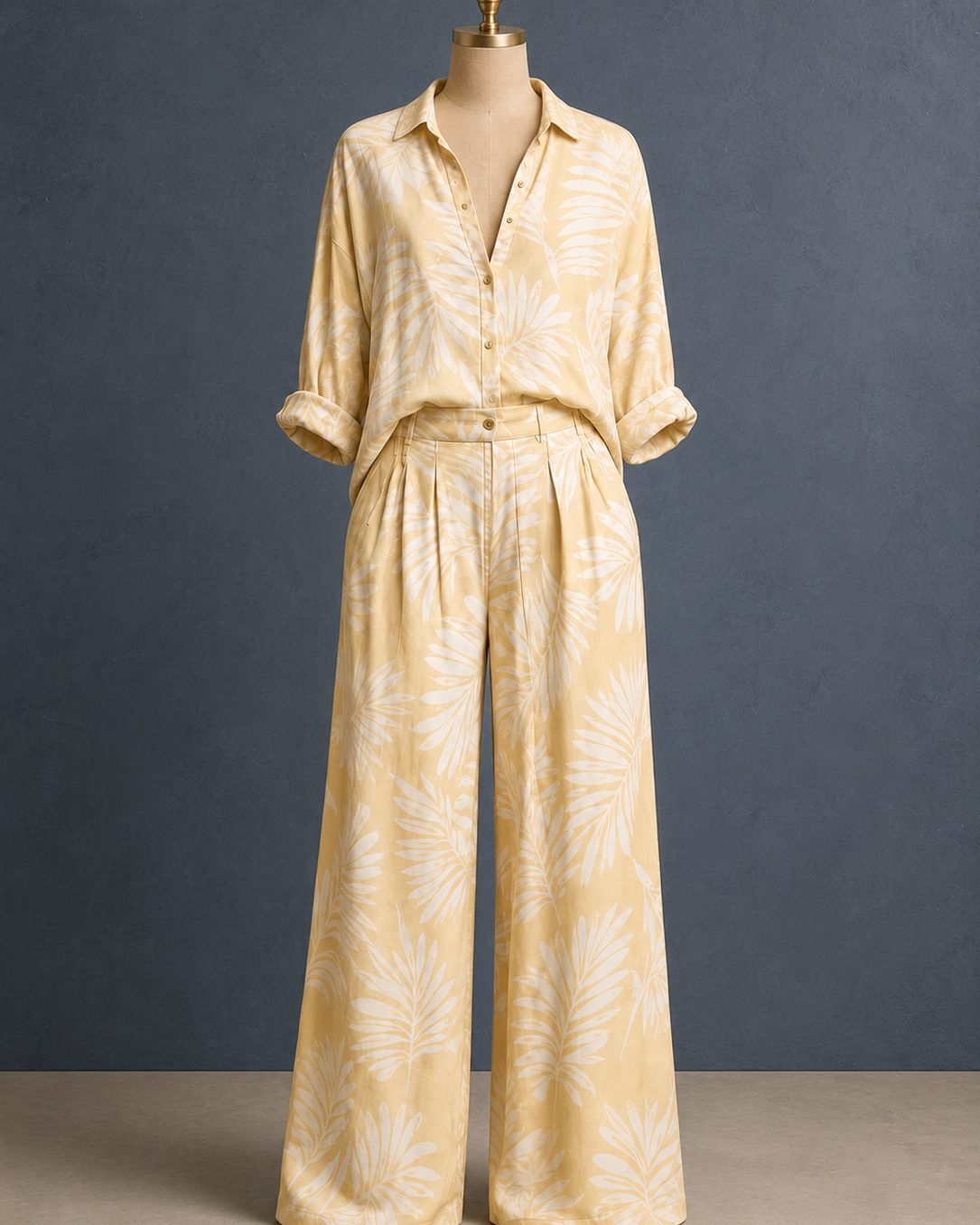 A two-piece matching set consisting of a long-sleeve button-up shirt and wide-leg trousers, displayed on a mannequin against a dark textured gray background. The set is a pale yellow with a white palm leaf pattern.
