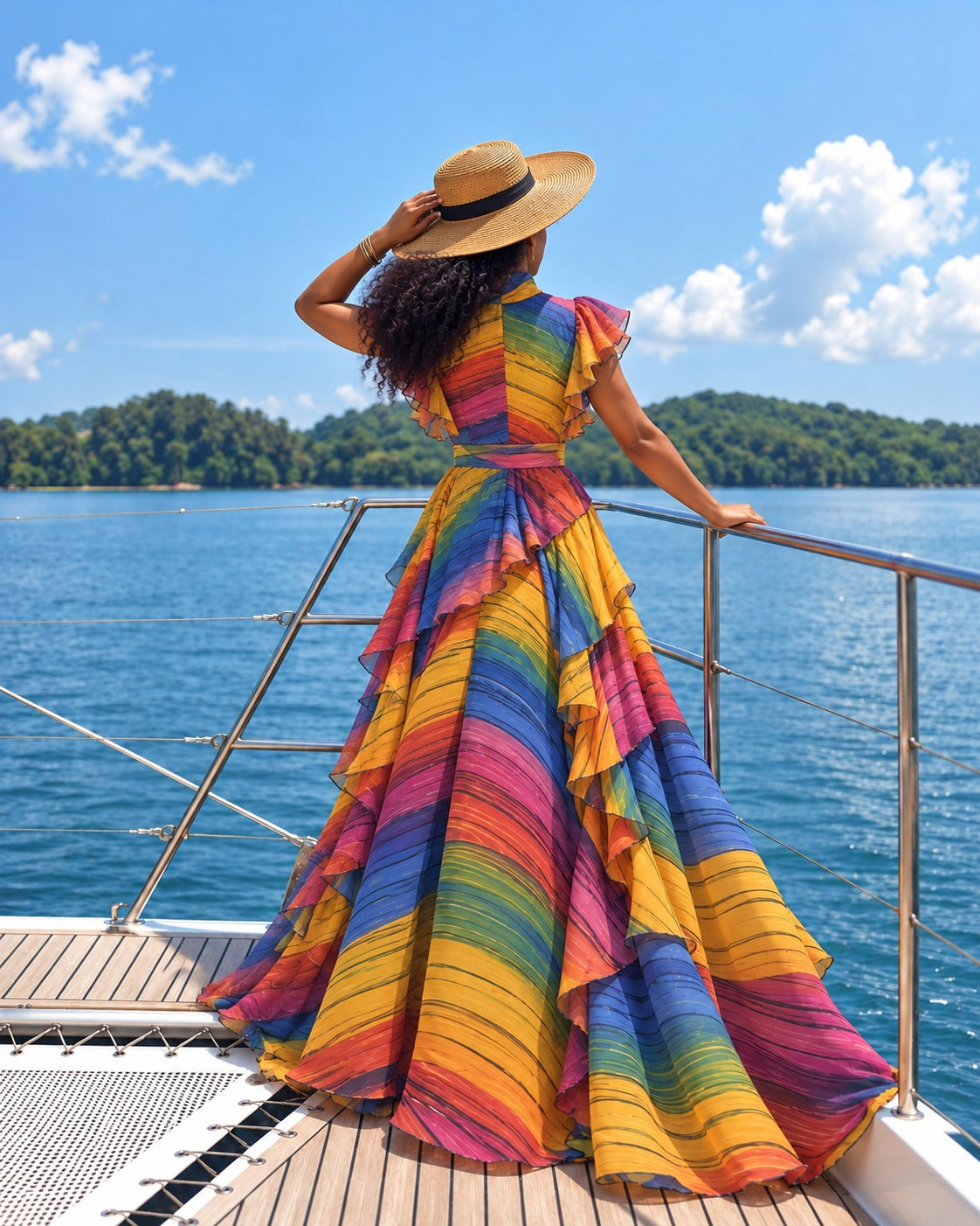 A woman stands on a boat deck wearing a long, tiered maxi dress with horizontal rainbow stripes in yellow, orange, pink, purple, blue, and green, along with a wide-brimmed straw hat, overlooking blue water and a tropical island.