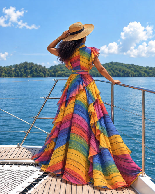 A woman stands on a boat deck wearing a long, tiered maxi dress with horizontal rainbow stripes in yellow, orange, pink, purple, blue, and green, along with a wide-brimmed straw hat, overlooking blue water and a tropical island.