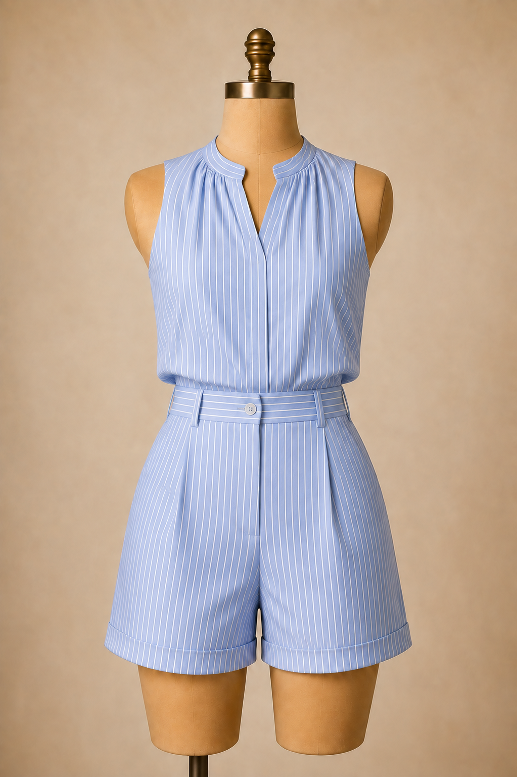 A sleeveless light blue and white pinstriped romper displayed on a tan dress form mannequin against a warm beige studio background.