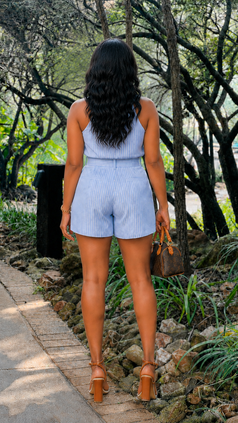 A woman viewed from behind wearing a light blue and white vertically striped sleeveless romper, walking on a stone path in a wooded outdoor setting. She is holding a brown handbag and wearing brown high-heeled sandals.
