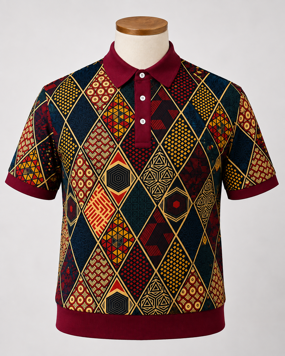 A short-sleeve polo shirt displayed on a mannequin torso against a light gray background. The shirt features a complex geometric argyle pattern in navy blue, burgundy, yellow, and red, with solid burgundy collar, cuffs, and hem.