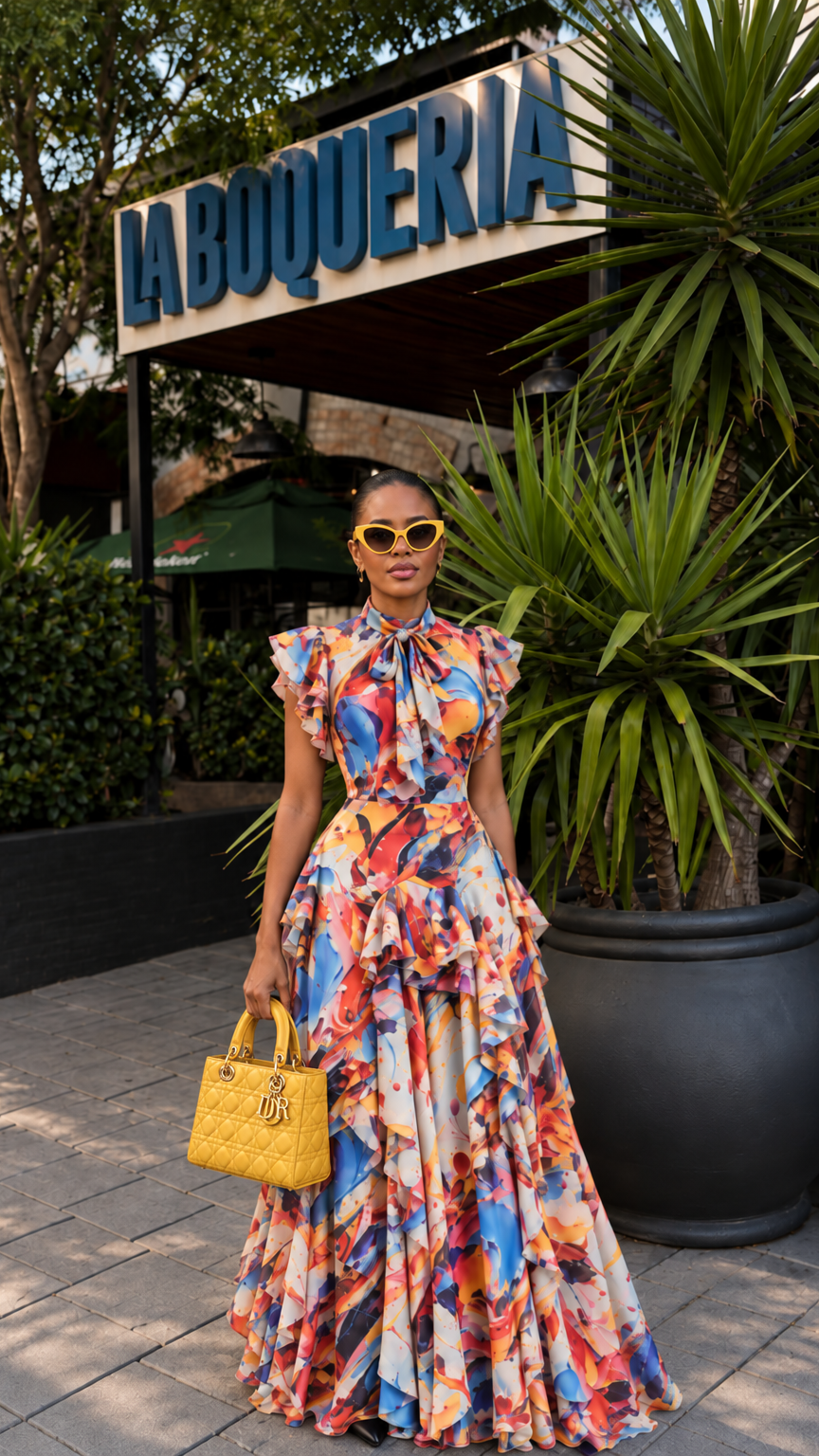 A woman stands outdoors in front of a restaurant sign reading 'LA BOQUERIA' wearing a colorful abstract-print maxi dress with ruffled shoulders and a tie neckline, holding a yellow handbag.