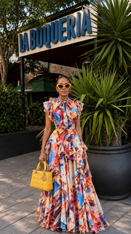 A woman stands outdoors in front of a restaurant sign reading 'LA BOQUERIA' wearing a colorful abstract-print maxi dress with ruffled shoulders and a tie neckline, holding a yellow handbag.