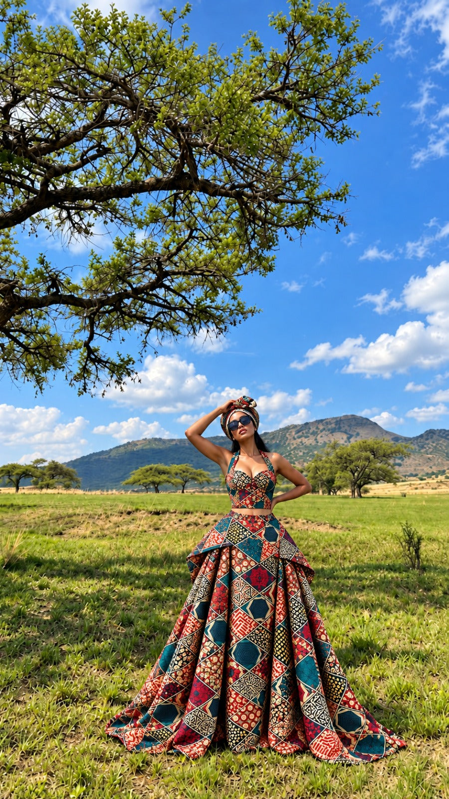 A woman stands outdoors in a grassy field under a blue sky, wearing a dramatic floor-length halter ball gown with a colorful geometric patchwork pattern. A large tree branch and leaves frame the top of the image, and mountains are visible in the background.