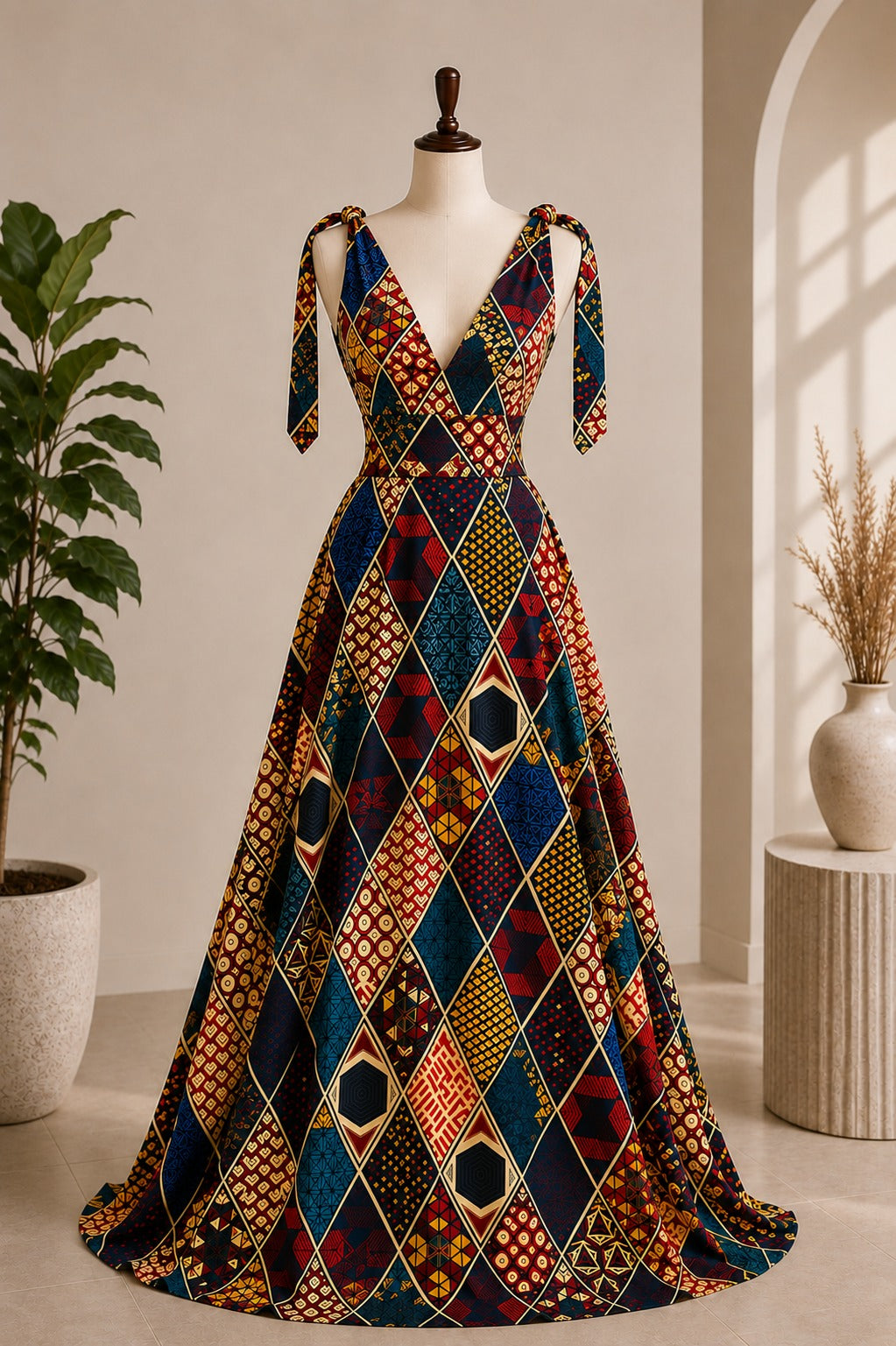 A floor-length A-line gown displayed on a mannequin in a styled indoor setting. The dress features a bold multicolor diamond-patterned print with navy, red, gold, orange, and beige tones, and has tie-shoulder sleeves and a deep V-neckline.