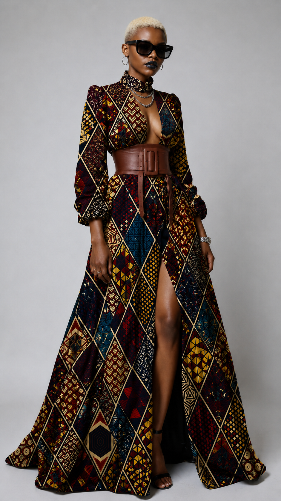 A model wearing a long-sleeved, floor-length gown with a bold geometric patchwork pattern in black, gold, red, and blue, styled with a wide brown belt, sunglasses, and a choker against a neutral gray background.