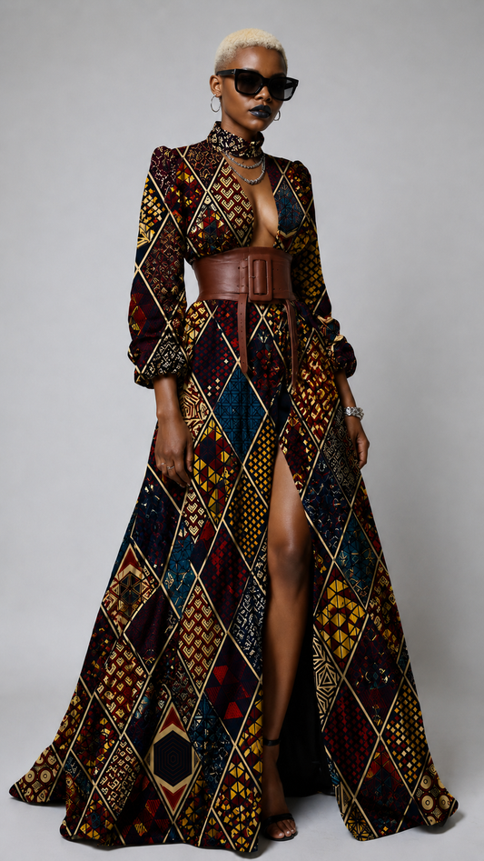 A model wearing a long-sleeved, floor-length gown with a bold geometric patchwork pattern in black, gold, red, and blue, styled with a wide brown belt, sunglasses, and a choker against a neutral gray background.