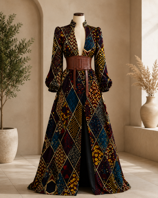 A long-sleeved, floor-length gown displayed on a mannequin in a warm, neutral interior setting. The dress features a complex geometric patchwork pattern with diamonds and triangles in black, navy, teal, mustard yellow, and red, accented by thin gold lines.