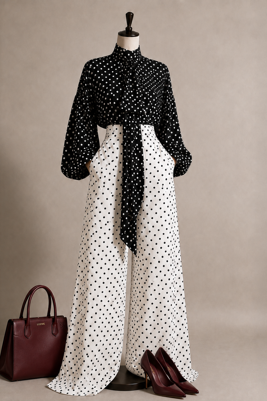 A black and white polka dot two-piece outfit displayed on a mannequin, featuring a long-sleeve button-up top and matching wide-leg trousers with a self-tie waist. Styled with a burgundy leather handbag and matching burgundy pointed-toe heels against a neutral beige background.