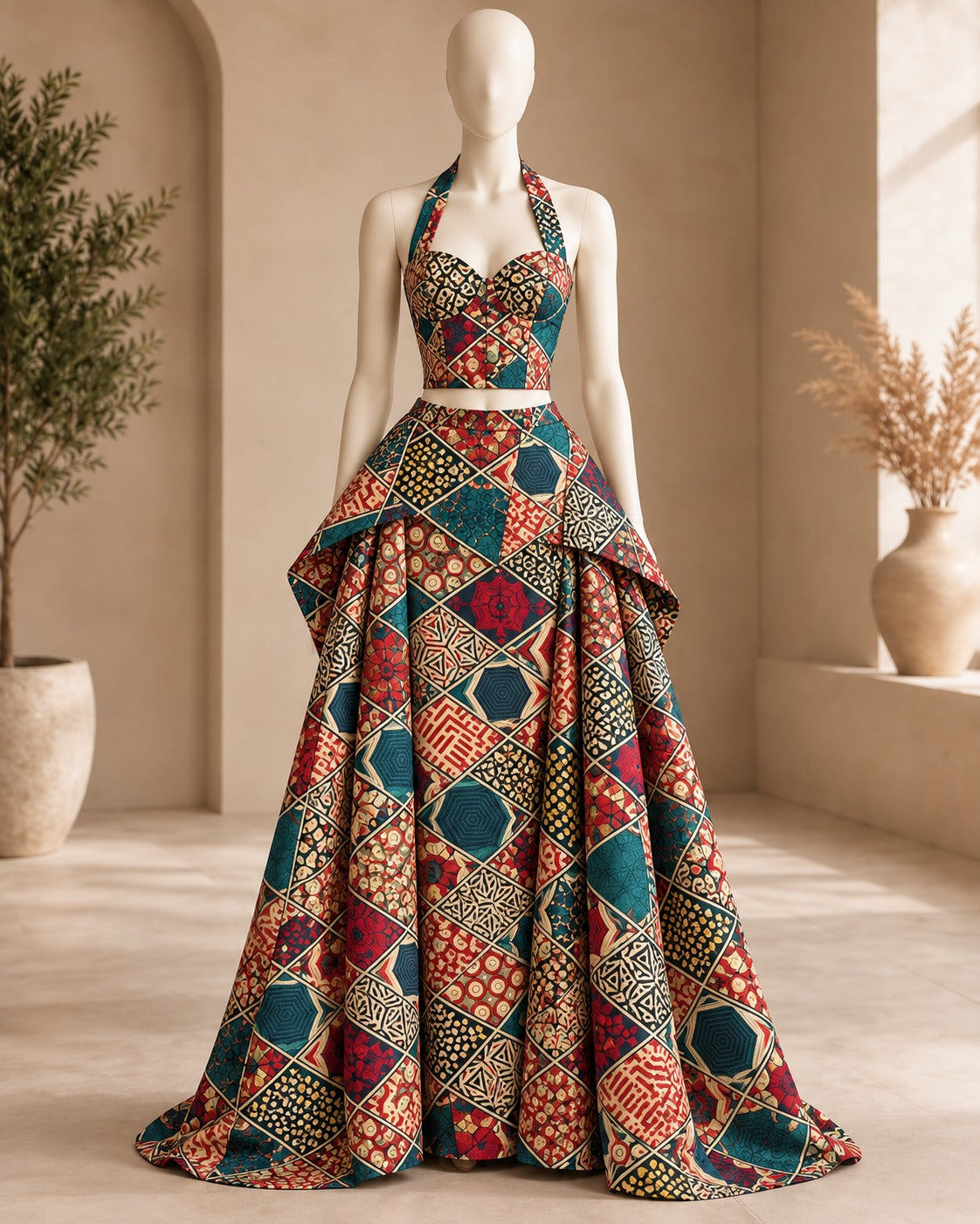 A mannequin wearing a sleeveless halter-neck evening gown with a fitted bodice and a full layered skirt, featuring a multicolor patchwork print in teal, rust, red, beige, and black. The dress is displayed in a warm, sunlit interior with arches, potted plants, and a vase.