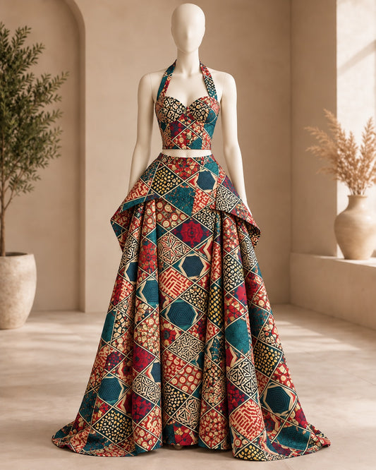 A mannequin wearing a sleeveless halter-neck evening gown with a fitted bodice and a full layered skirt, featuring a multicolor patchwork print in teal, rust, red, beige, and black. The dress is displayed in a warm, sunlit interior with arches, potted plants, and a vase.