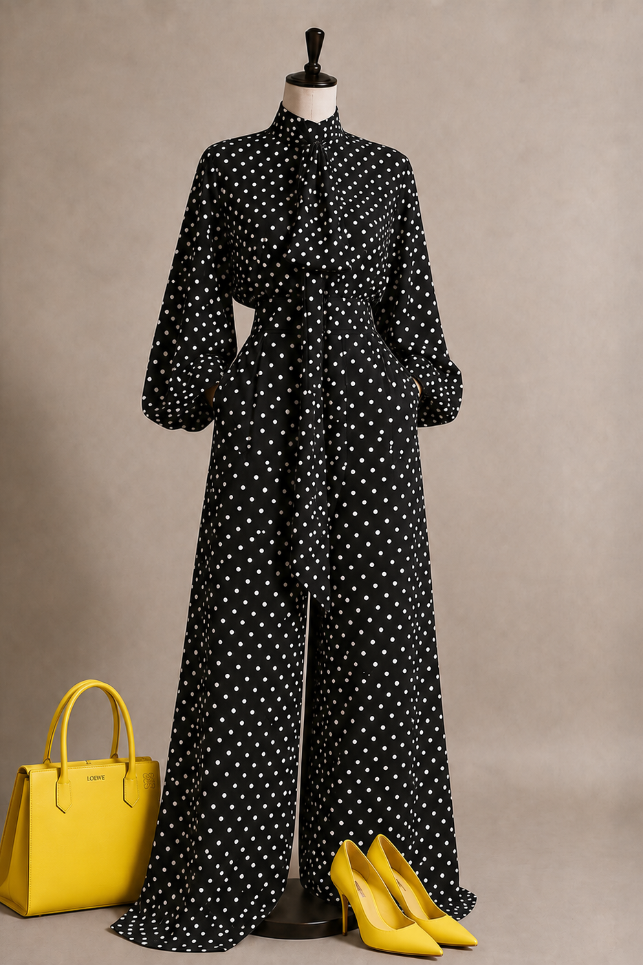 A long-sleeve black maxi dress with white polka dots is displayed on a mannequin against a neutral beige studio background. A bright yellow handbag sits to the left, and matching yellow pointed-toe heels are placed at the bottom right.