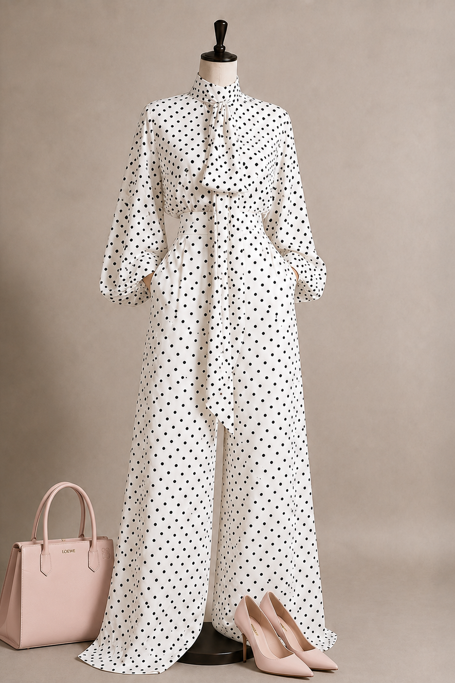 A long-sleeve white shirt dress with black polka dots, styled on a mannequin with a matching pink handbag and nude heels against a neutral beige background.