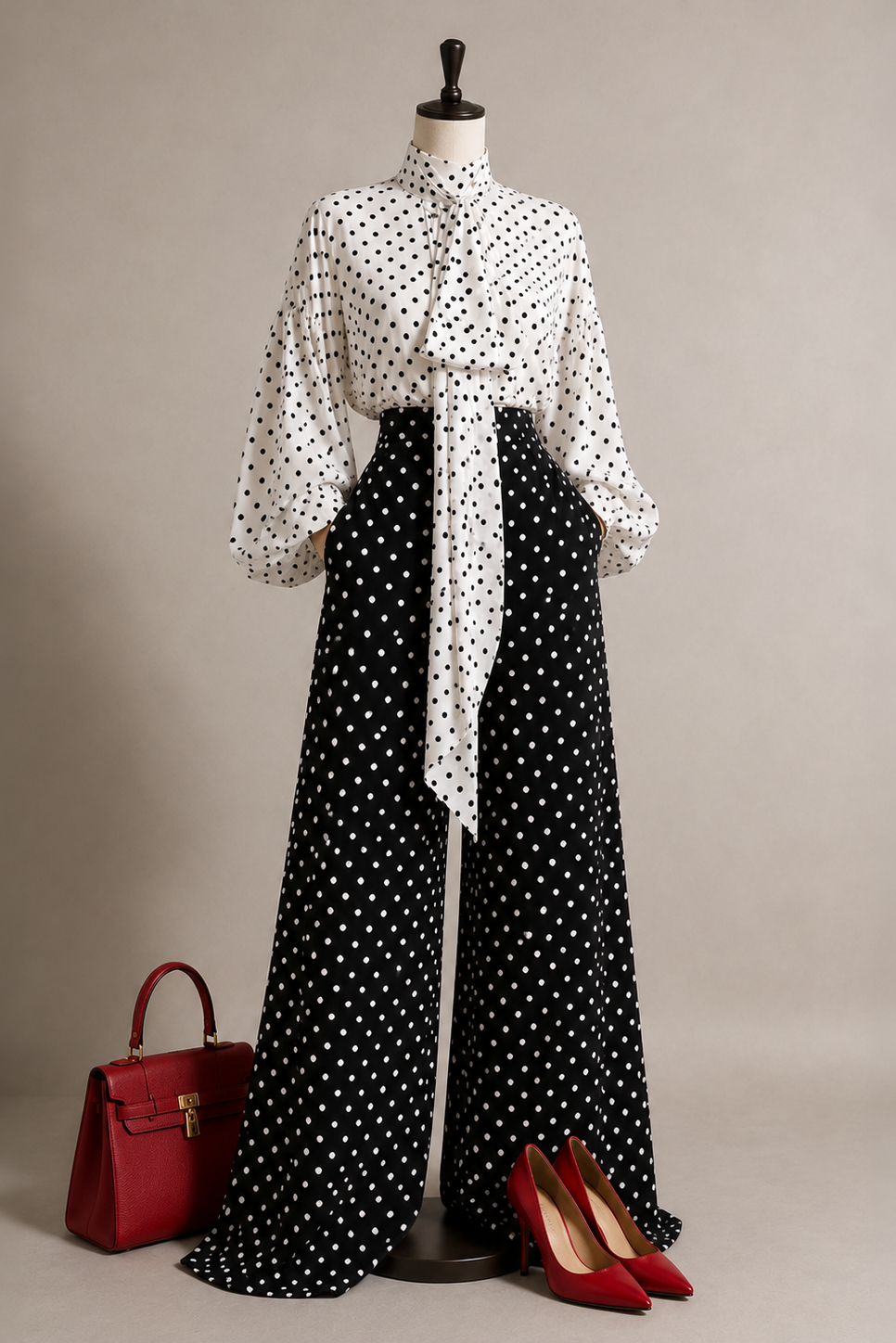 A white long-sleeve blouse with black polka dots and a matching tie belt, paired with black wide-leg pants featuring white polka dots, displayed on a mannequin. A red handbag and red pointed-toe heels are styled alongside the outfit against a neutral beige background.