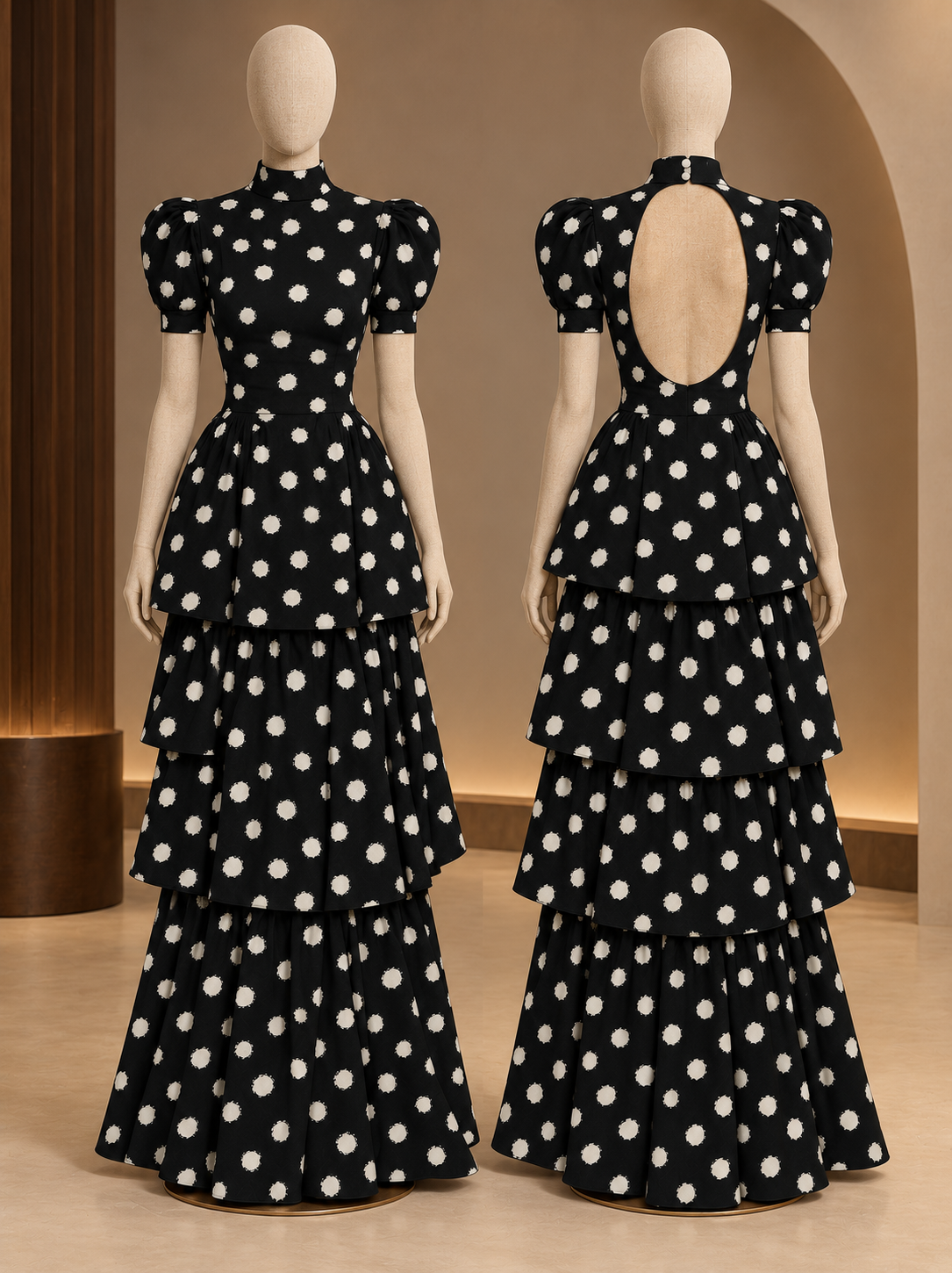 Two mannequins display the front and back views of a black and white polka dot tiered gown in a warm indoor studio setting.