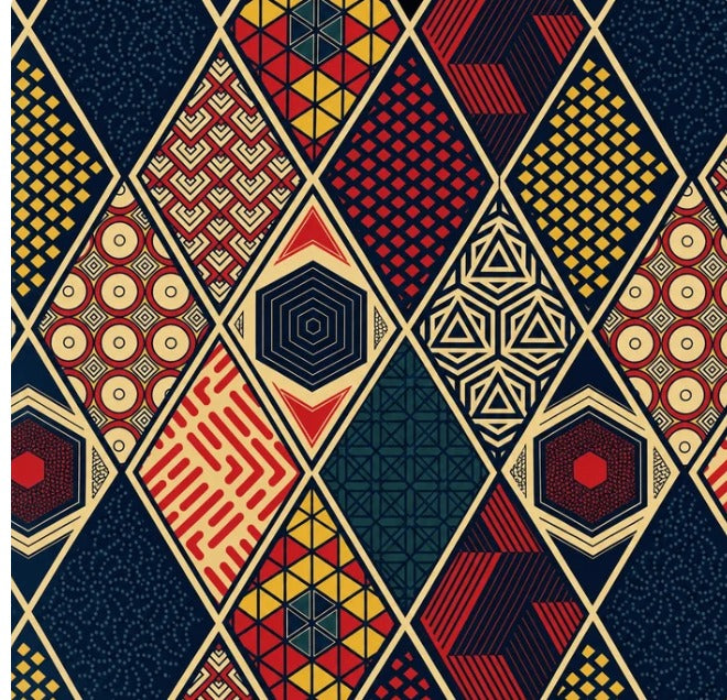 A repeating geometric pattern made of diamond-shaped panels with red, navy, yellow, and cream abstract motifs and lines.