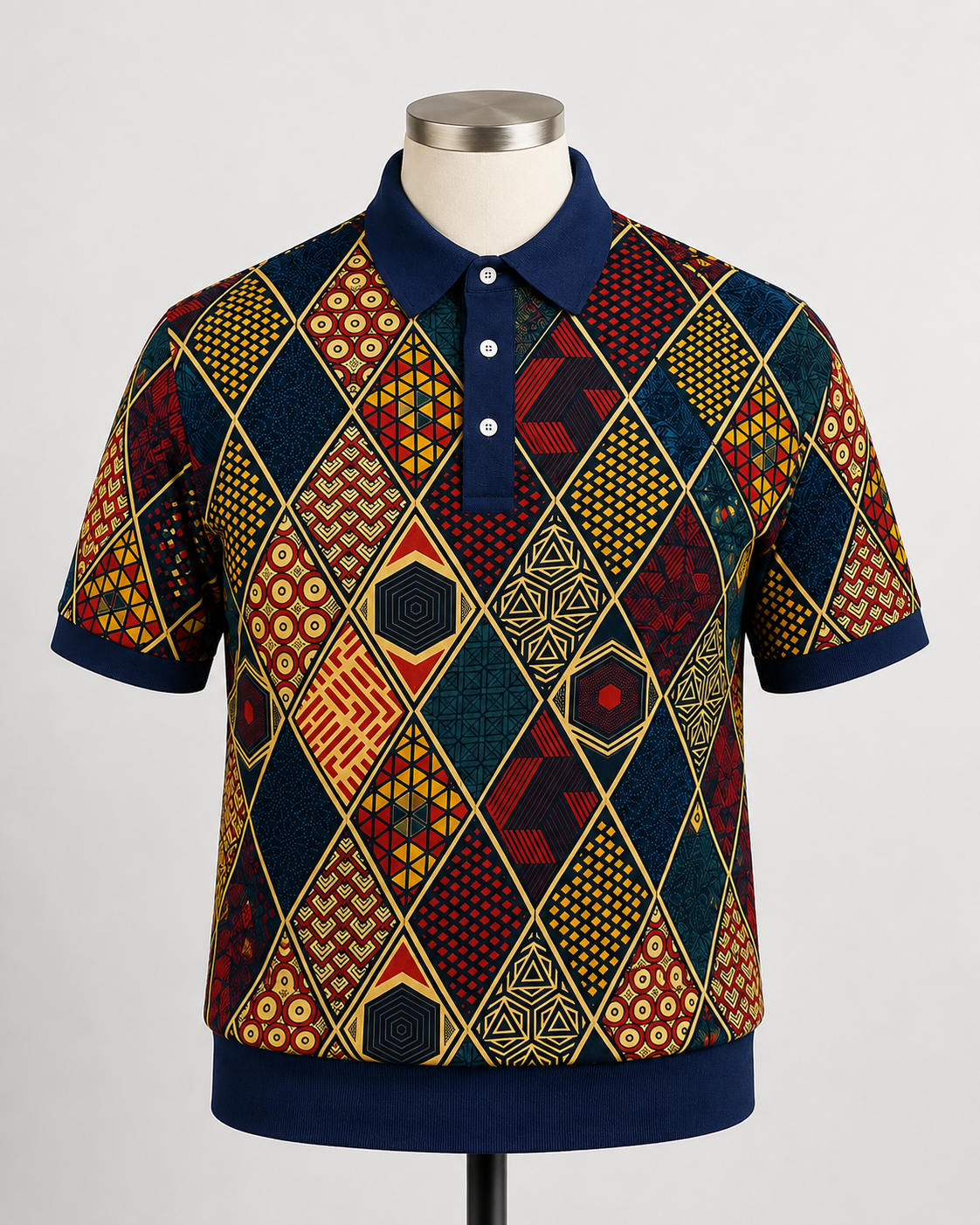 A short-sleeve polo shirt with a complex geometric patchwork pattern in red, yellow, and navy blue, displayed on a mannequin torso against a light gray background.