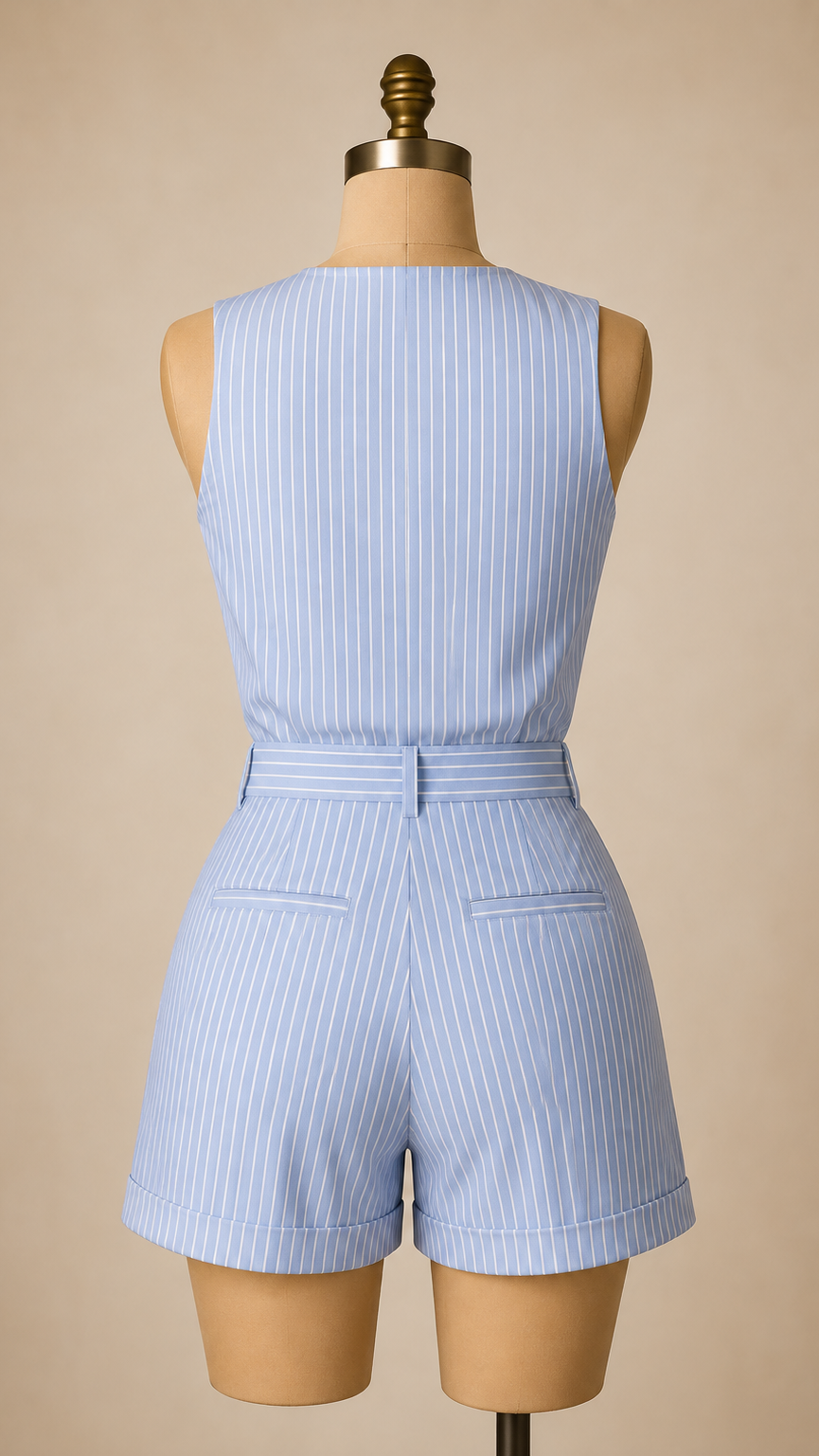 A sleeveless light blue and white pinstriped romper displayed on a tan dress form mannequin against a solid beige background.